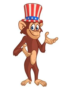 Cartoon funny and cute monkey wearing Amirican uncle Sam hat on USA Independe Stock Illustration
