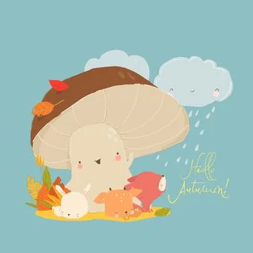 Cartoon Funny Animals lying under the Big Mushroom. Hello Autumn Stock Illustration