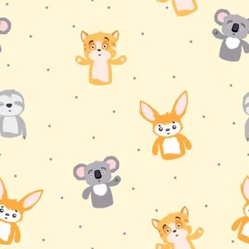 Cartoon funny animals seamless pattern. Little gray koala waving its paw yellow イラスト素材