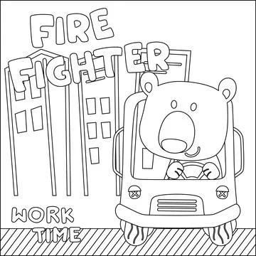 Cartoon of funny bear firefighter on fire truck. 스톡 일러스트