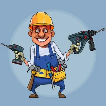 Cartoon funny builder with tools on circle background Stock Illustration