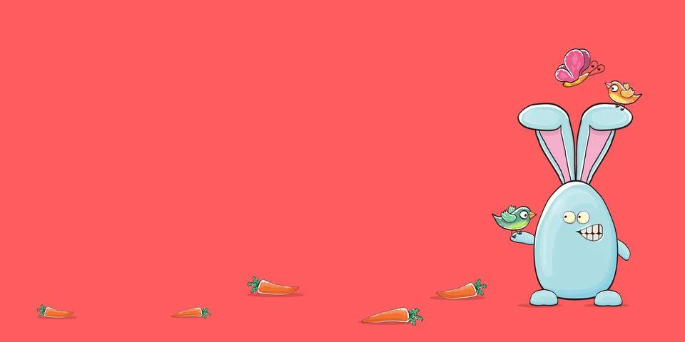 Cartoon funny cartoon blue easter bunny isolated on pink horizontal banner Stock Illustration