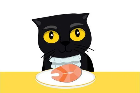 Cartoon funny cat eats salmon fish. Healthy Eating Illustration. Pet Diet. 스톡 일러스트