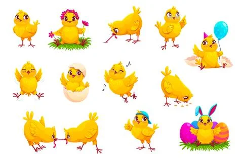 Cartoon funny chick characters with Easter eggs Stock Illustration