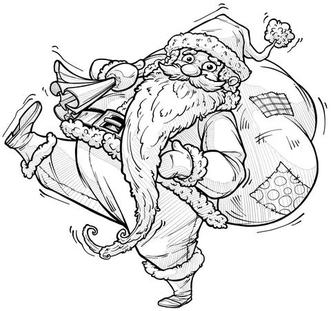Cartoon funny cute santa claus with big gift bag Stock Illustration