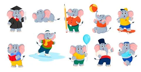 Cartoon funny elephant characters vector set Stock Illustration