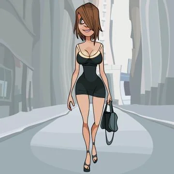 Cartoon funny figured woman walks on a city street Stock Illustration