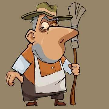 Cartoon funny friendly male janitor with a broom Stock Illustration