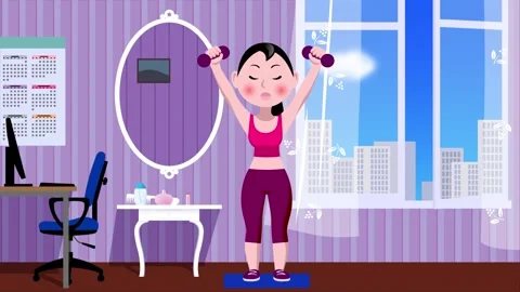 Cartoon funny girl doing fitness exercises  in the home interior. Stock Footage