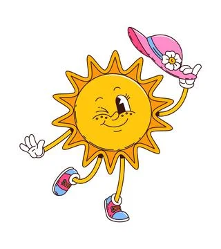 Cartoon funny groovy sun vector character with hat Stock Illustration