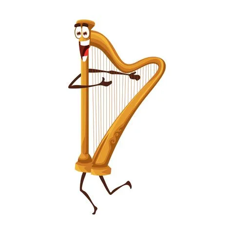 Cartoon funny harp character, stringed instrument Stock Illustration