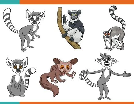 Cartoon funny lemurs animals comic characters set Stock Illustration