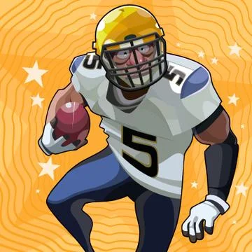 Cartoon funny male american football player playing soccer with ball in his h Stock Illustration