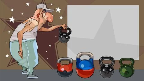 Cartoon funny man holding a kettlebell next to an empty banner Stock Illustration