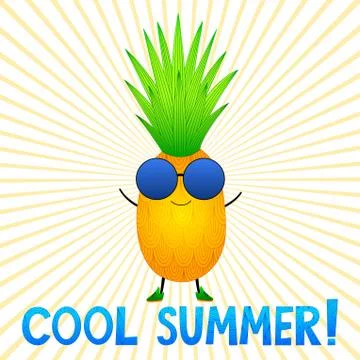 Cartoon funny pineapple in sunglasses. Vector. Card. Stock Illustration
