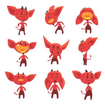 Cartoon funny red devil characters with different emotions set of vector Stockillustratie