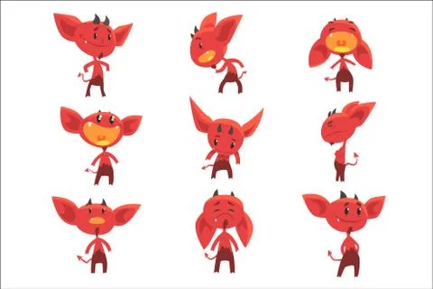 Cartoon funny red devil characters with different emotions set of vector Stockillustratie