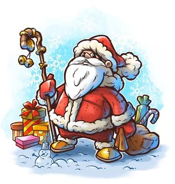 Cartoon funny santa claus with gift bag and bells Stock Illustration