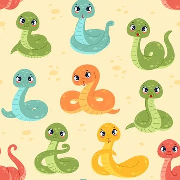 Cartoon funny snakes seamless pattern. Cute tropical animals, exotic jungle イラスト素材
