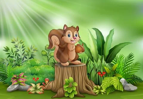 Cartoon funny squirrel holding pine cone and standing on tree stump Stock Illustration