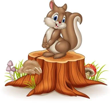 Cartoon funny squirrel on tree stump Stock Illustration