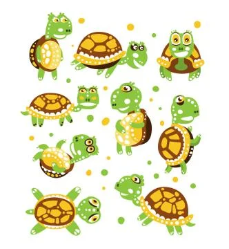 Cartoon funny turtle, set for label design. olorful character vector Stock Illustration