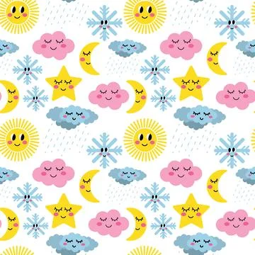 Cartoon funny weather seamless pattern. Emotional weather. Clouds, rain, su.. Stock Illustration