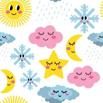 Cartoon funny weather seamless pattern. Emotional weather. Clouds, rain, sun, Stock Illustration
