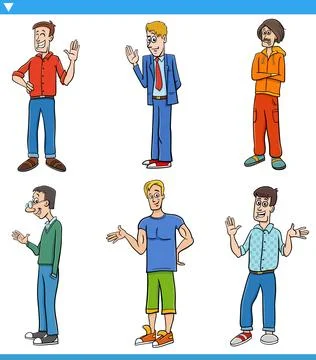 Cartoon funny young men comic characters set Stock Illustration
