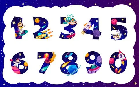 Cartoon galaxy space numbers, math game elements Illustrazione stock