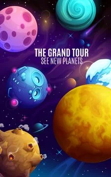 Cartoon galaxy space planets poster, alien UFO Stock Illustration