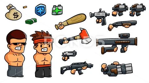 Cartoon Game Asset Pack - Characters, Weapons, Money, Health &amp; Shield Icons PSD Template
