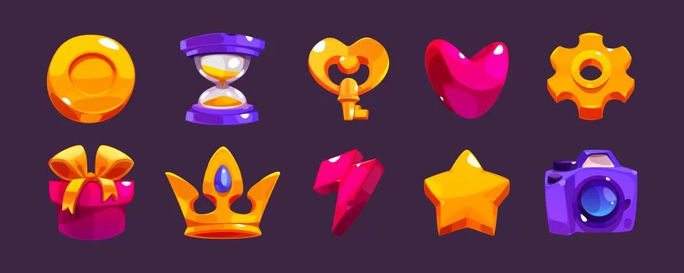 Cartoon game interface icon with crown and key ui 스톡 일러스트