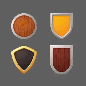 Cartoon game shields vector set, wooden and metal armor, medieval military guard Stock Illustration
