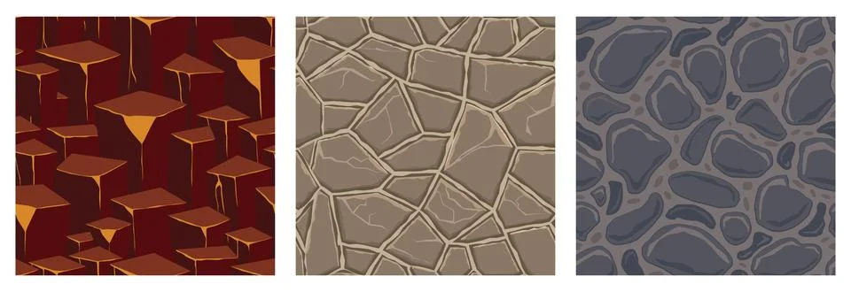 Cartoon game textures, lava, rocks and brick, dirt and ground surface seaml.. Stock Illustration
