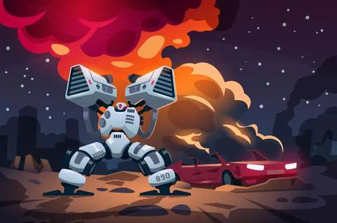 Cartoon game war. Alien robots battle. Landscape with burning car and armored Stock Illustration