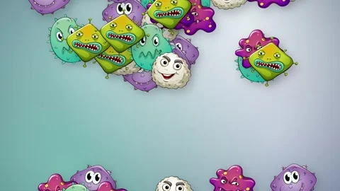 Cartoon Germs and Bacteria Falling Over a Light Blue Background Stock Footage 341067992