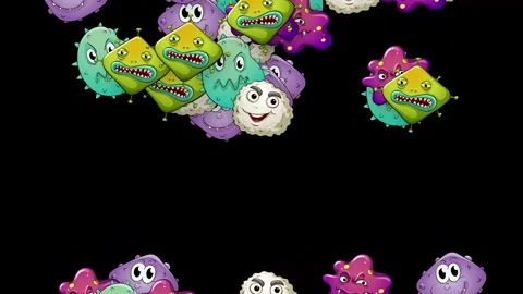 Cartoon Germs and Bacteria Falling Against a Black Background Stock Footage 341558276