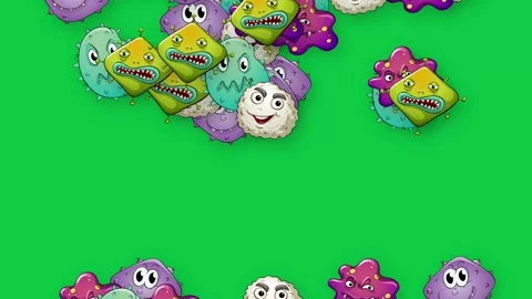 Cartoon Germs and Bacteria Falling Against a Green Screen Background Stock Footage 343830787