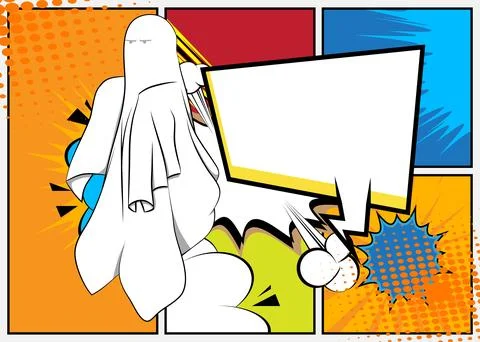 Cartoon Ghost with blank speech bubble, comic book Halloween background. Re.. Stock Illustration