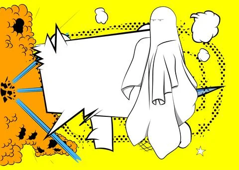 Cartoon Ghost with blank speech bubble, comic book Halloween background. Re.. イラスト素材