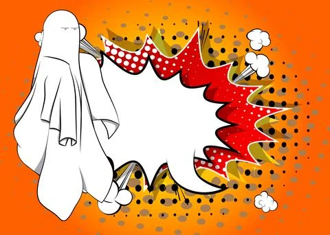 Cartoon Ghost with blank speech bubble, comic book Halloween background. Re.. イラスト素材