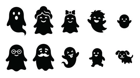 Cartoon ghost characters with diverse expressions and shapes. Stock-Illustration