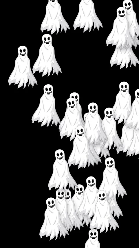 Cartoon Ghost Characters Floating Upwards Against a Solid Black Background Stock Footage 339122662