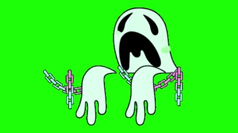 Cartoon ghost with floating chains moving on vibrant green screen backgroun.. Stock Footage 345613135
