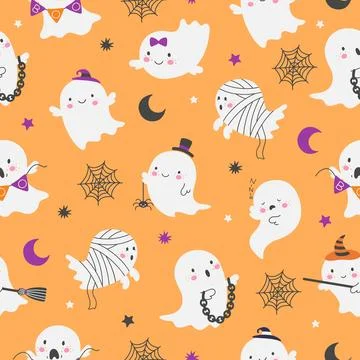 Cartoon ghost seamless pattern. Ghostly party texture, creepy horror funny Stock Illustration