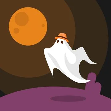 Cartoon ghost wearing a hat floating under an orange moon Stock Illustration