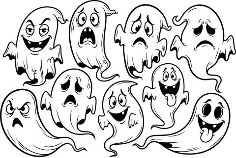 Cartoon ghosts are flying with various facial expressions including happy, sa Stock Illustration