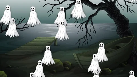 Cartoon Ghosts Falling Over Spooky Lake and Gnarly Tree Background Stock Footage 340007947