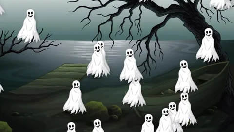 Cartoon Ghosts Floating Over Spooky Lake and Abandoned Boat Background 스톡 동영상 340006665